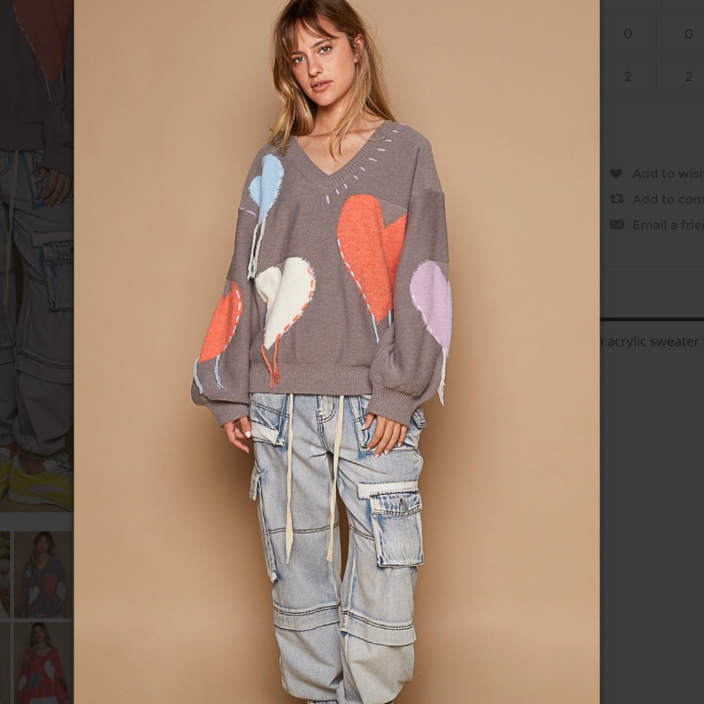 POL top Taupe V-Neck Sweater with Orange, Cream, and Light Blue Hearts POL NEW - Picture 8 of 9